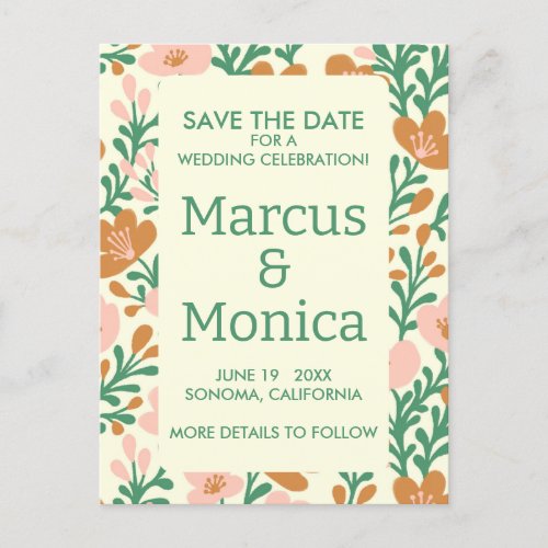 Wildflower Vines Pink Green Custom Save the Date  Postcard