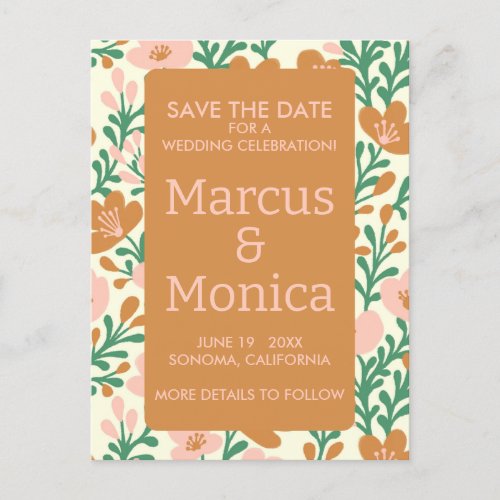 Wildflower Vines Pink Green Custom Save the Date  Postcard