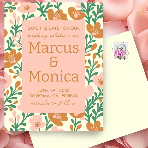 Wildflower Vines Pink Green Custom Save the Date  Postcard