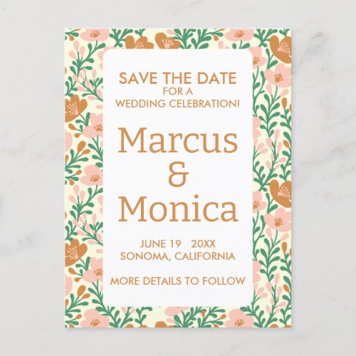 Wildflower Vines Pink Green Custom Save the Date  Postcard