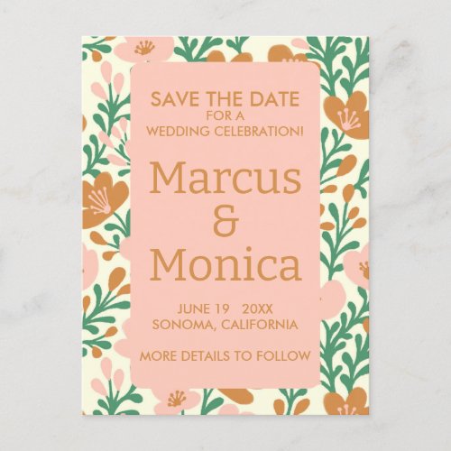 Wildflower Vines Pink Green Custom Save the Date  Postcard