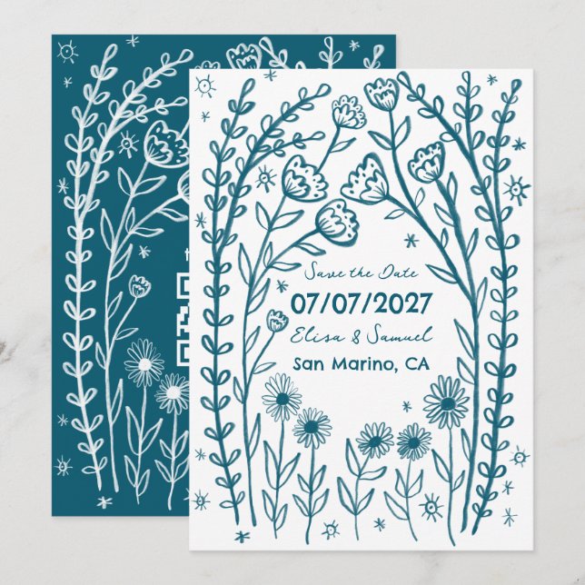 Wildflower Vines Wedding Save the Date CUSTOM QR  (Front/Back)