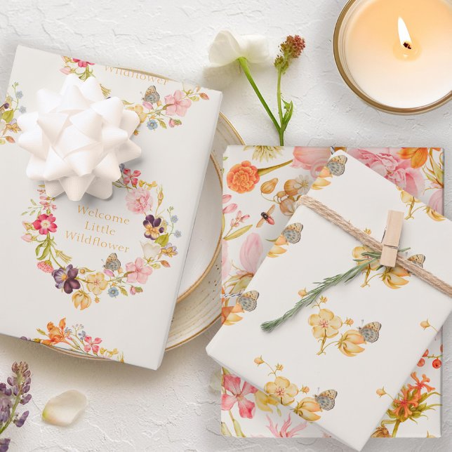 Wildflower Vintage Botanical Baby Shower Wrapping Paper Sheets (Creator Uploaded)