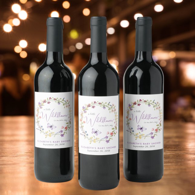 Wildflower Watercolor Baby Girl Shower Wine Label (Creator Uploaded)