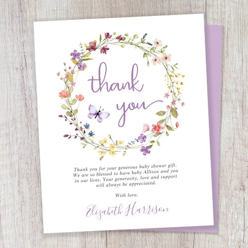 Wildflower Watercolor Baby Shower Thank You Card