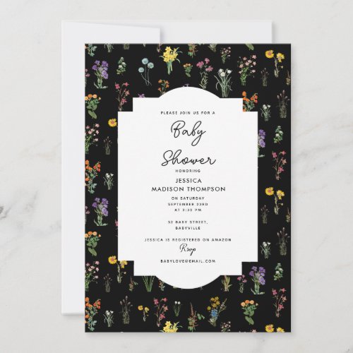 Wildflower Watercolor Black Botanical Baby Shower Invitation