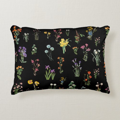 Wildflower Watercolor Black Botanical Floral Accent Pillow