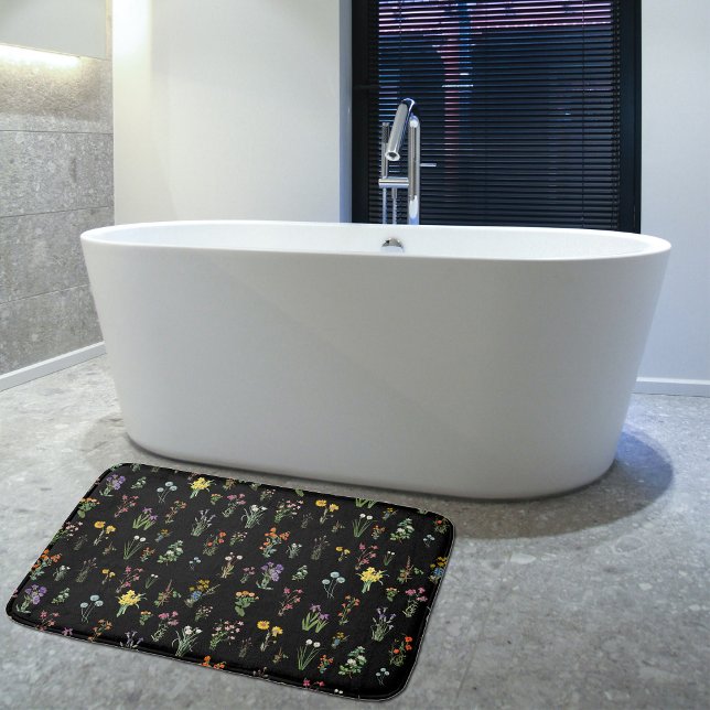Wildflower Watercolor Black Botanical Floral Bath Mat (Wildflower Watercolor Black Botanical Floral Bath Mat)