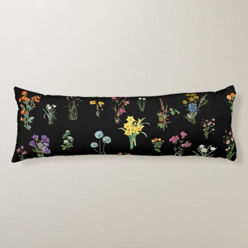 Wildflower Watercolor Black Botanical Floral Body Pillow