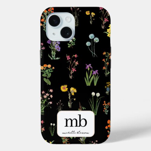 Wildflower Watercolor Black Botanical Floral iPhone 15 Case