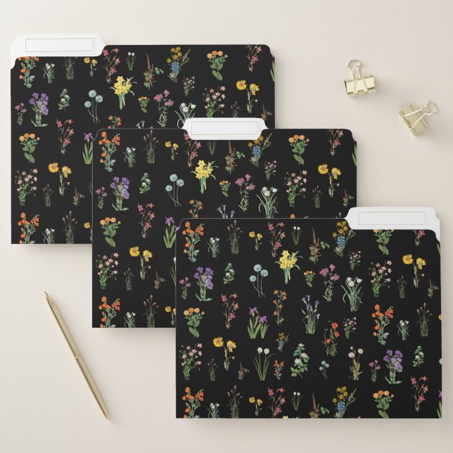 Wildflower Watercolor Black Botanical Floral File Folder (Set)