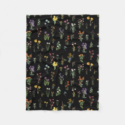 Wildflower Watercolor Black Botanical Floral Fleece Blanket