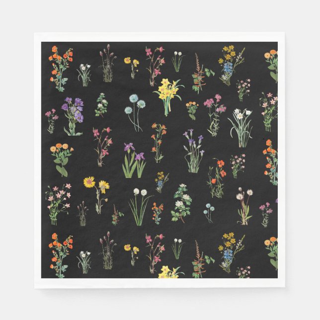 Wildflower Watercolor Black Botanical Floral Napkins (Front)