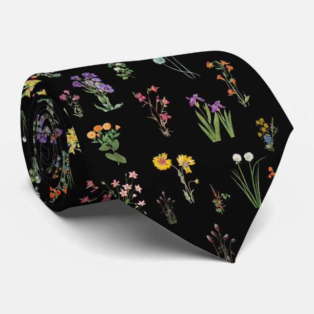 Wildflower Watercolor Black Botanical Floral Neck Tie (Rolled)