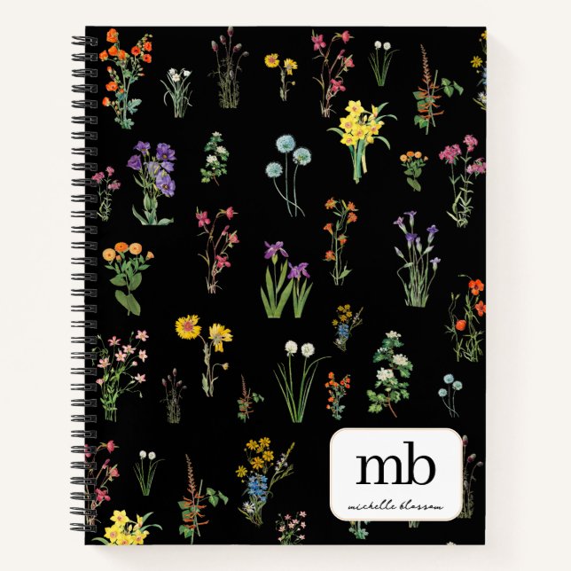 Wildflower Watercolor Black Botanical Floral Notebook (Front)