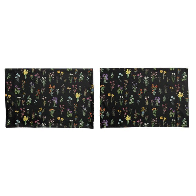 Wildflower Watercolor Black Botanical Floral Pillow Case (Front-Set)