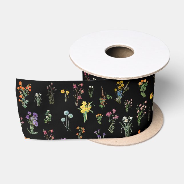 Wildflower Watercolor Black Botanical Floral Satin Ribbon (Spool)