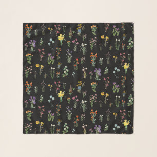 Wildflower Watercolor Black Botanical Floral Scarf