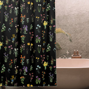 Wildflower Watercolor Black Botanical Floral Shower Curtain