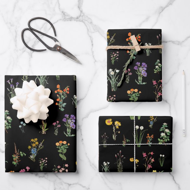 Wildflower Watercolor Black Botanical Floral Wrapping Paper Sheets (Front)