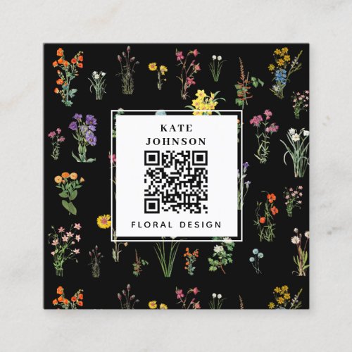 Wildflower Watercolor Black Floral Designer Boho Square Business Card