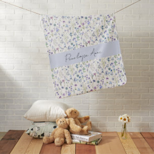 Wildflower Watercolor Blue Purple Script Name Baby Blanket