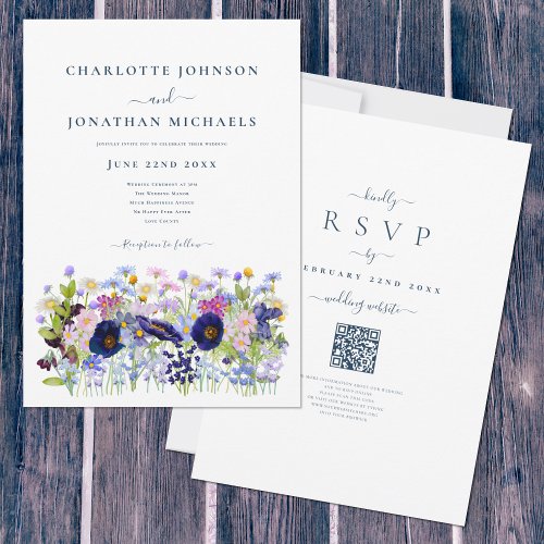 Wildflower Watercolor Blue QR Code Wedding Invitation