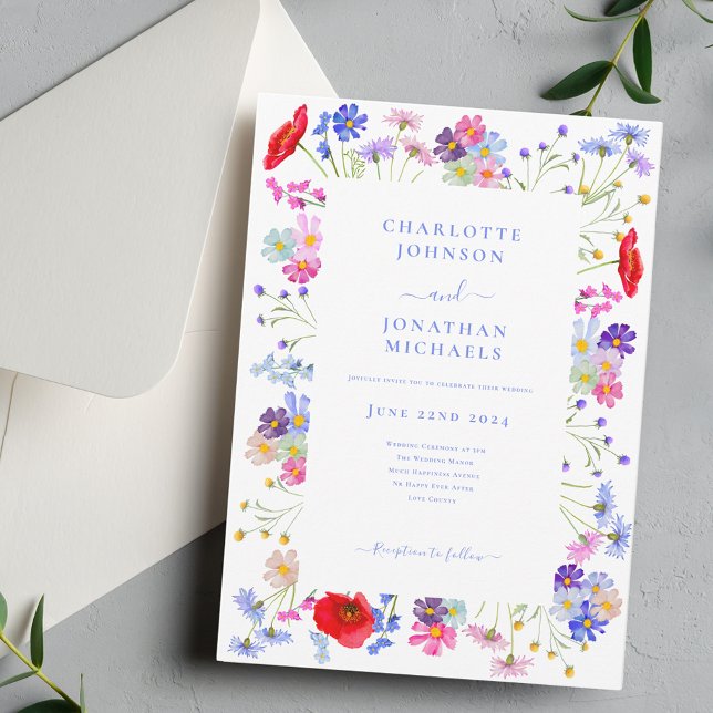 Wildflower Watercolor Boho Blue Wedding Invitation (Colorful wildflower wedding invitation with watercolor summer florals and blue typography )