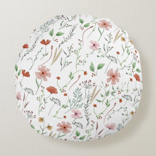 Wildflower watercolor boho vintage floral pattern round pillow