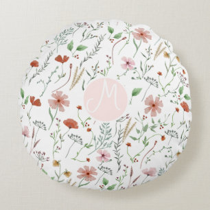 Wildflower watercolor boho vintage floral pattern round pillow
