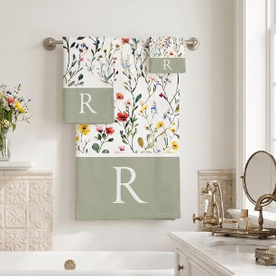 Wildflower Watercolor Botanical Monogram Bath Towel Set