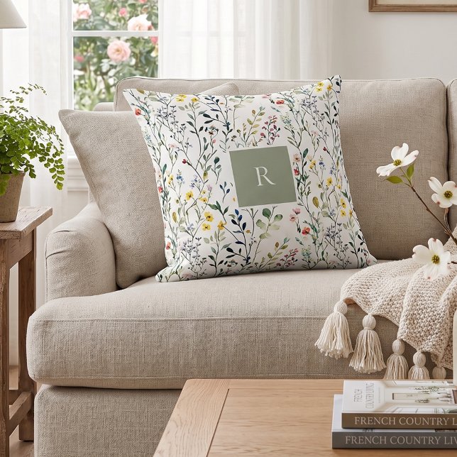 Wildflower Watercolor Botanical Monogram  Throw Pillow (Creator Uploaded)