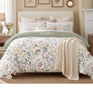 Wildflower Watercolor Botanical Name Duvet Cover