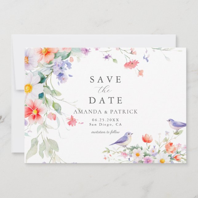Wildflower Watercolor Botanical Spring Wedding  Save The Date (Front)