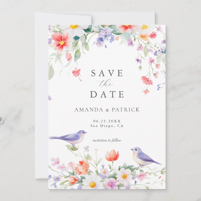 Wildflower Watercolor Botanical Spring Wedding  Save The Date (Front)