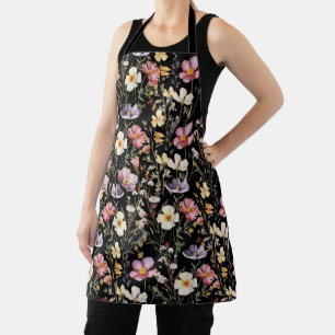 Wildflower Watercolor Botanicals Floral Black Apron