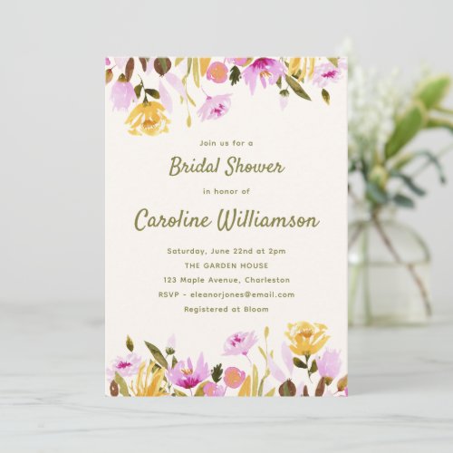 Wildflower Watercolor Bridal Shower Pink Floral Invitation