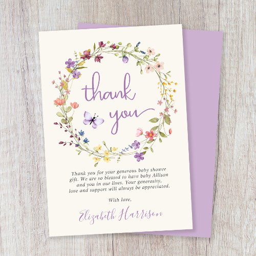 Wildflower Watercolor Cream Baby Girl Shower Thank You Card