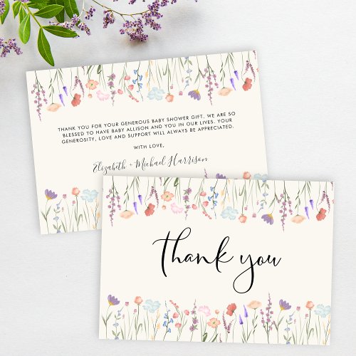 Wildflower Watercolor Cream Baby Shower Thank You Card