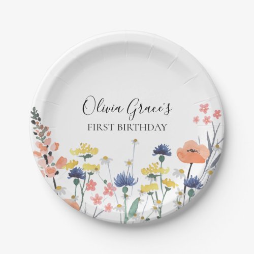 Wildflower watercolor FIRST BIRTHDAY Paper Plates