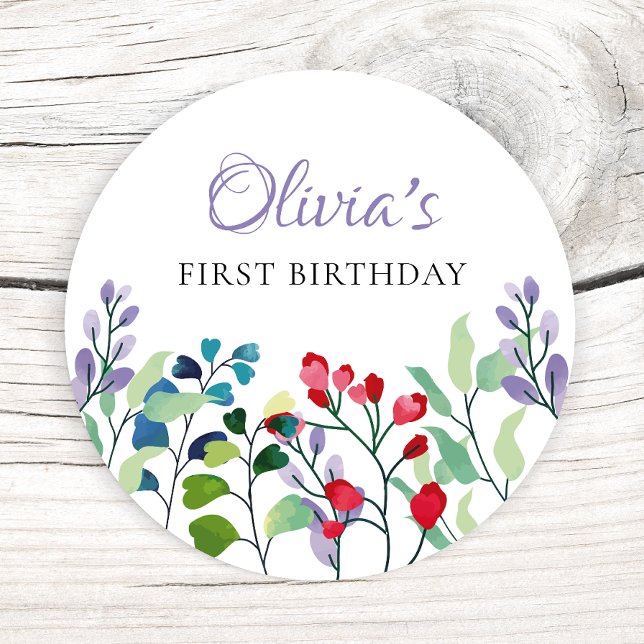 Wildflower Watercolor Floral 1st birthday Classic Round Sticker (Creator Uploaded)