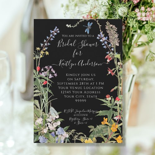 Wildflower Watercolor Floral Black Bridal Shower Invitation