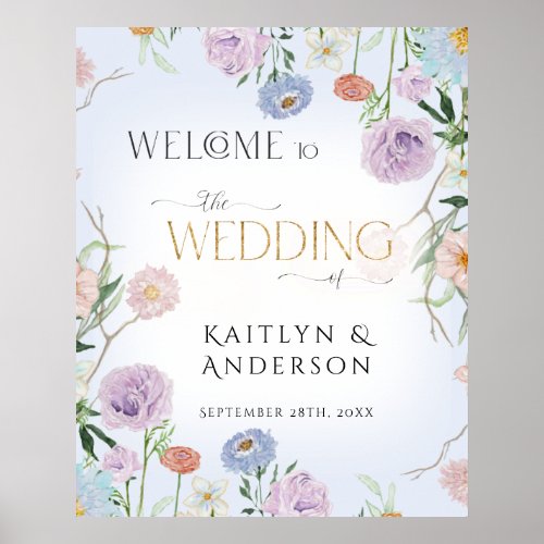 Wildflower Watercolor Floral Blue Welcome Wedding  Poster