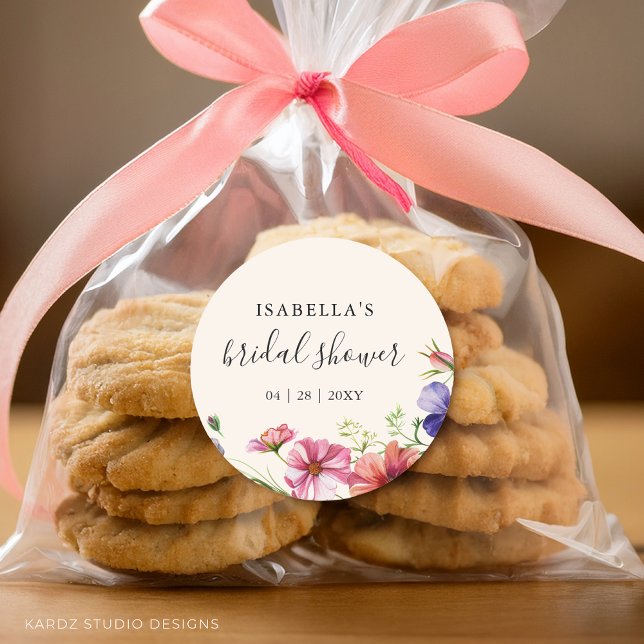 Wildflower Watercolor Floral Bridal Shower  Classic Round Sticker (Stickers come in 3 and 1.5 inches. Choose size before checkout.)