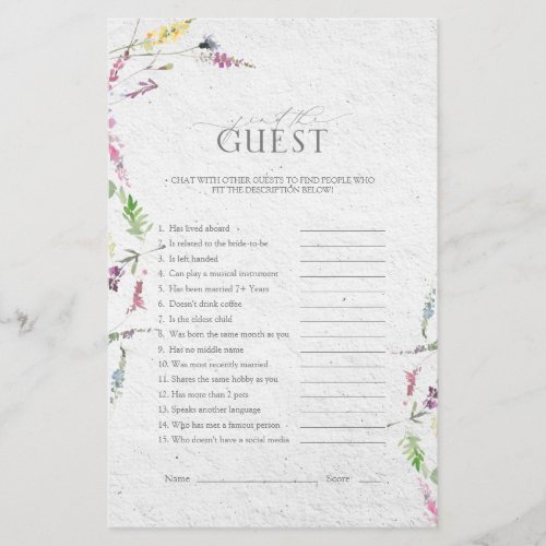 Wildflower Watercolor Floral Bridal Shower Game - Modern, elegant bridal shower game "find the guest" featuring watercolor wildflower motifs in soft shades of blush pink, lilac and lavender, yellows, blues and delicate green botanical leaves. Personalize your questions in soft off-black, accented with beautiful modern hand lettered calligraphy. Part of a co-ordinated suite. View suite here: https://www.zazzle.com/collections/elegant_wildflower_watercolor_floral_bridal_shower-119635760261893795 Contact designer for matching products. Copyright Anastasia Surridge for Elegant Invites, all rights reserved.