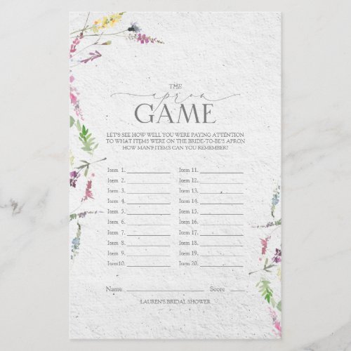 Wildflower Watercolor Floral Bridal Shower Game - Modern, elegant bridal shower game "The Apron Game" featuring watercolor wildflower motifs in soft shades of blush pink, lilac and lavender, yellows, blues and delicate green botanical leaves. Part of a co-ordinated suite. View suite here: https://www.zazzle.com/collections/elegant_wildflower_watercolor_floral_bridal_shower-119635760261893795 Contact designer for matching products. Copyright Anastasia Surridge for Elegant Invites, all rights reserved.
