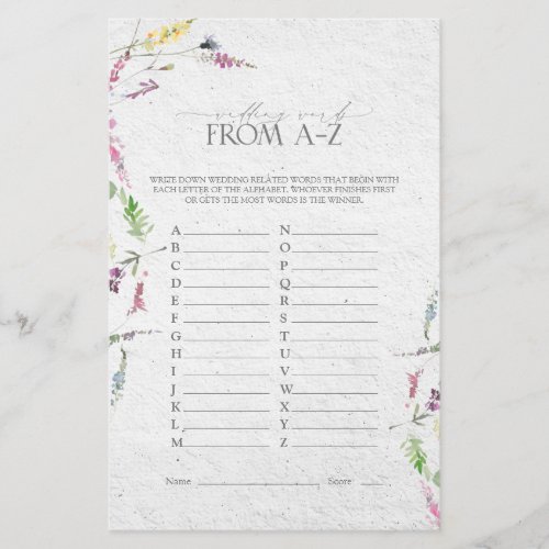 Wildflower Watercolor Floral Bridal Shower Game - Modern, elegant bridal shower game "wedding A-Z" featuring watercolor wildflower motifs in soft shades of blush pink, lilac and lavender, yellows, blues and delicate green botanical leaves. Part of a co-ordinated suite. View suite here: https://www.zazzle.com/collections/elegant_wildflower_watercolor_floral_bridal_shower-119635760261893795 Contact designer for matching products. Copyright Anastasia Surridge for Elegant Invites, all rights reserved.

