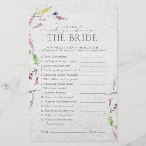 Wildflower Watercolor Floral Bridal Shower Game