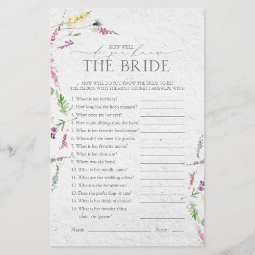 Wildflower Watercolor Floral Bridal Shower Game - Modern, elegant bridal shower game "who knows the bride best" featuring watercolor wildflower motifs in soft shades of blush pink, lilac and lavender, yellows, blues and delicate green botanical leaves. Personalize your qustions in soft off-black, accented with beautiful modern hand lettered calligraphy. Part of a co-ordinated suite. See full collection here: https://www.zazzle.com/collections/elegant_wildflower_watercolor_floral_bridal_shower-119635760261893795 contact designer for additional products. Copyright Elegant Invites, all rights reserved.