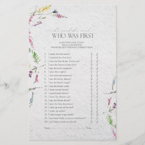 Wildflower Watercolor Floral Bridal Shower Game